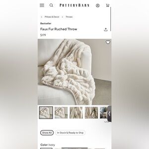 Pottery Barn Faux Fur Ruched Throw in Ivory- 50x60 in NEW